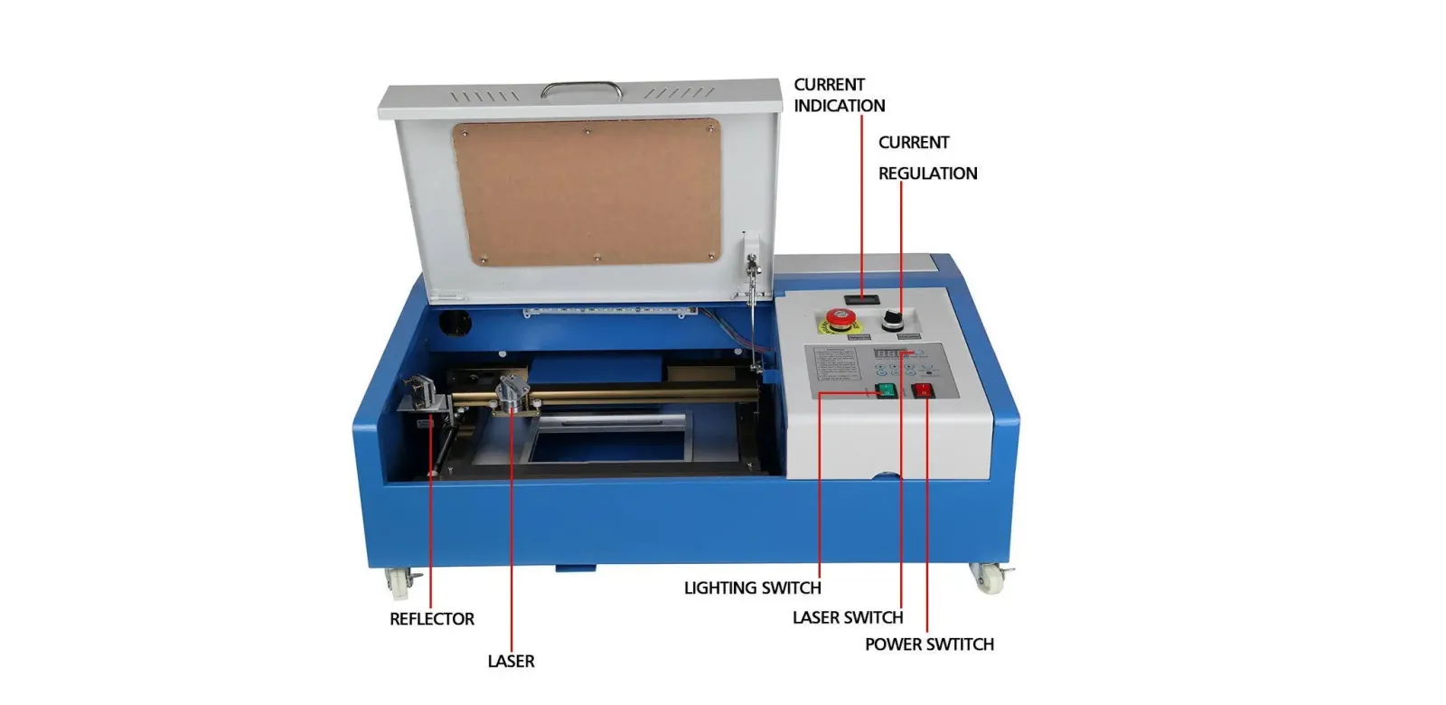 K40 Laser Cutter. Note the lack of safety features.