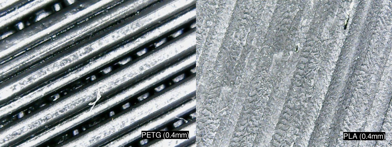 Upper surface of PET-G print (left) and PLA (right). The nozzle width is 0.4mm, and both images have the same (unknown) magnification.