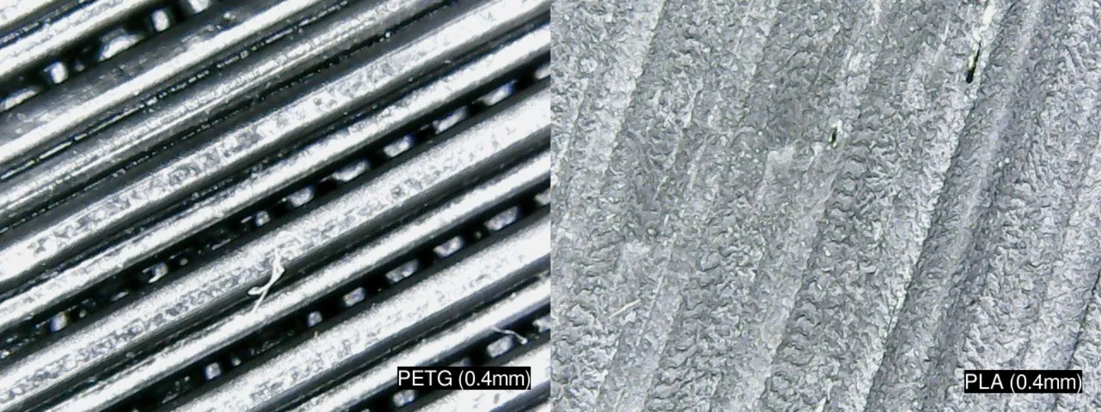 Upper surface of PET-G print (left) and PLA (right). The nozzle width is 0.4mm, and both images have the same (unknown) magnification.