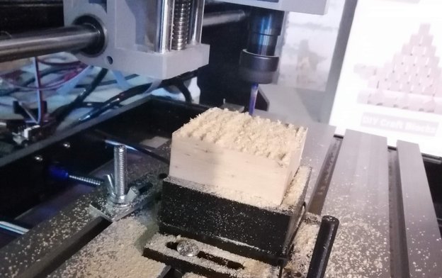 Small 3018 CNC router, cutting pine using 3d-printed softjaws.