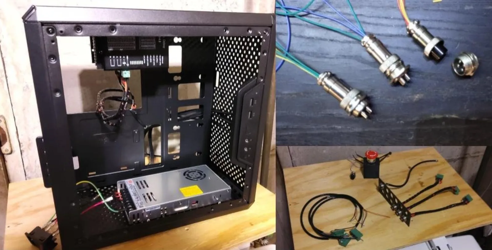 Standardizing wiring (and using a printed patch panel) makes assembly easy. Left, the case with motor controllers and power installed. Right bottom, the patch panel with some parts installed. Top right, the motor control wires with standardized pinout.